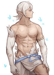  1boy abs bare_pectorals corrin_(fire_emblem) corrin_(male)_(adrift)_(fire_emblem) corrin_(male)_(fire_emblem) english_commentary fell_from_the_sky fire_emblem fire_emblem_fates fire_emblem_heroes highres looking_to_the_side male_focus navel nipples pectorals pointy_ears solo thighs toned toned_male torn_clothes white_background white_hair 