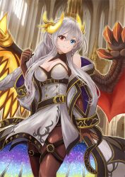  asymmetrical_wings belt breasts cleavage coat_partially_removed dashinoya demon_wings dragon_girl dragon_horns feathered_wings heterochromia horns ideal_(p&amp;d) long_braid looking_at_viewer mismatched_wings pantyhose puzzle_&amp;_dragons thigh_strap white_hair wings yellow_wings 