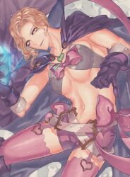  1boy alternate_costume blonde_hair bow corned_beef_bug cosplay crossdressing crossed_belts fire_emblem fire_emblem:_the_binding_blade fire_emblem_heroes front_slit garter_straps gloves highres looking_at_viewer male_focus narcian_(fire_emblem) navel nowi_(fire_emblem) nowi_(fire_emblem)_(cosplay) pectorals pink_bow pink_shorts purple_gloves shorts solo yellow_eyes 