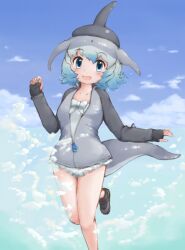  beach blue_eyes blue_hair blue_sky cetacean_tail common_bottlenose_dolphin_(kemono_friends) dolphin_girl female fingerless_gloves fins fish_tail gloves grey_hair hat head_fins highres jacket kemono_friends looking_at_viewer multicolored_hair outdoors shoes short_hair sky solo swimsuit tail two-tone_hair zipper zzz_ansh 