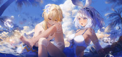  2girls absurdres air_bubble alternate_costume bare_shoulders bikini blonde_hair blue_hairband blue_sky bubble casual_one-piece_swimsuit chestnut_mouth closed_mouth cloud cloudy_sky genshin_impact hair_between_eyes hairband highres holding_another&#039;s_leg long_hair lumine_(genshin_impact) lumine_(hot_springs)_(genshin_impact) mualani_(genshin_impact) multiple_girls official_alternate_costume one-piece_swimsuit outdoors parted_lips ponytail red_eyes revision short_hair_with_long_locks side-tie_skirt sky smile swimsuit swkl:d symbol-shaped_pupils teeth upper_teeth_only water white_bikini white_hair yellow_eyes 