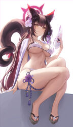  animal_ear_fluff animal_ears bikini blue_archive breasts closed_mouth commentary curvy fang_out female flower fox_ears fox_girl fox_mask fox_tail full_body hair_flower hair_ornament halo highres holding holding_mask large_breasts legs looking_at_viewer mask melt_(melt_out1) navel oerba_yun_fang official_alternate_costume red_halo sandals simple_background solo swimsuit tail thighs wakamo_(blue_archive) wakamo_(swimsuit)_(blue_archive) white_background white_bikini yellow_eyes 