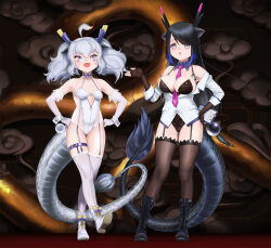  2girls ahoge armpits ass_visible_through_thighs bare_shoulders beleven between_breasts black_dragon_(kemono_friends) black_footwear black_gloves black_hair black_horns black_leotard black_thighhighs blonde_hair blue_hair bow bowtie breasts clipboard commission dark_blue_hair detached_collar doctor dragon_ears dragon_girl dragon_horns dragon_tail elbow_gloves fingerless_gloves fishnet_gloves fishnet_thighhighs fishnets footwear_bow full_body garter_straps gloves grey_eyes grey_hair groin hand_on_own_hip hand_up hands_on_own_hips highres holding holding_clipboard horns jacket kemono_friends kemono_friends_3 legs_apart leotard leotard_under_clothes long_hair long_tail looking_at_viewer medium_bangs medium_breasts multicolored_bow multicolored_hair multicolored_horns multiple_girls multiple_horns necktie necktie_between_breasts no_pants o-ring o-ring_leotard off_shoulder open_mouth over-kneehighs paid_reward_available parted_bangs parted_lips partially_unzipped pink_horns pink_necktie pocket purple_eyes purple_horns red_hair revealing_clothes see-through see-through_leotard shoes side-by-side skindentation slit_pupils small_breasts smile standing standing_on_one_leg stethoscope strapless strapless_leotard swept_bangs tail thigh_gap thigh_strap thighhighs very_long_hair white_dragon_(kemono_friends) white_footwear white_gloves white_jacket white_leotard white_thighhighs white_wrist_cuffs wing_collar wrist_cuffs yellow_horns zipper zipper_pull_tab 