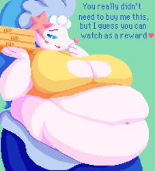  anthro ass belly big_belly big_breasts big_butt blue_eyes breasts clothing digital_media_(artwork) enkah female generation_7_pokemon hair hi_res long_hair looking_at_viewer marine nintendo obese obese_anthro obese_female overweight overweight_anthro overweight_female pixel_(artwork) pokemon pokemon_(species) primarina simple_background solo tail text white_body wide_hips 