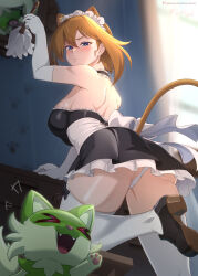  &gt;_&lt; :/ :d absurdres alternate_costume animal_ears annoyed arm_support arm_up ass back back_bow bare_shoulders black_bow black_dress blue_eyes blurry blurry_background bow bow_legwear breasts bright_pupils brown_tail cat_ears cat_girl cat_tail choker cleaning cleaning_brush closed_mouth dress elbow_gloves enmaided fangs female foot_out_of_frame foot_up frilled_choker frilled_dress frills from_side gloves hair_between_eyes half-closed_eyes highres holding holding_brush indoors large_breasts leaning_forward light_brown_hair looking_at_viewer looking_to_the_side maid maid_headdress may_(pokemon) medium_hair on_one_knee panties pantyshot patreon_username paw_print pokemon shoes short_dress shoulder_blades smile solo_focus sprigatito strapless strapless_dress swept_bangs tail thighhighs two-tone_footwear underwear v-shaped_eyebrows vilde_loh_hocen white_bow white_gloves white_panties white_pupils white_thighhighs 