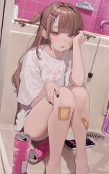  absurdres bandaid bandaid_on_face bandaid_on_leg barefoot bathroom black_nails blush brown_hair can cellphone commentary_request drain_(object) ear_piercing earclip earrings elbow_on_knee faucet female hair_ornament hairclip hamunezuko_(nezukonezu32) highres indoors jewelry legs_up long_hair looking_at_viewer nail_polish open_mouth original parted_lips phone piercing pink_eyes shirt short_sleeves sidelocks sitting smartphone solo t-shirt tiles two_side_up wet white_shirt x_hair_ornament 