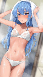  armpits arms_up blue_eyes blue_hair blush bra breasts character_request check_character check_copyright collarbone copyright_request cowboy_shot drying drying_hair female hcz_n hololive hoshimachi_suisei indoors long_hair looking_at_viewer navel open_mouth panties small_breasts solo steam stomach towel underwear underwear_only very_long_hair water wet white_bra white_panties 