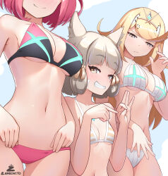  3girls :/ absurdres adapted_costume adjusting_clothes adjusting_swimsuit ass_visible_through_thighs bikini blonde_hair blush breasts chest_jewel facial_mark grey_hair grin head_out_of_frame highres large_breasts looking_at_another multiple_girls mythra_(xenoblade) nia_(xenoblade) penetration_gesture pyra_(xenoblade) red_bikini red_hair small_breasts smile striped_bikini striped_clothes swimsuit tiara whisker_markings white_bikini xenoblade_chronicles_(series) xenoblade_chronicles_2 zambonito 