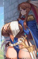  ascot belt black_gloves black_thighhighs blue_cape blue_gemstone blurry blurry_background bokuno breast_curtains breasts brown_eyes brown_hair cape cleavage closed_mouth commentary cowboy_shot day epaulettes female floating_hair gem gloves hand_on_own_chest huge_breasts light_blush long_hair looking_ahead navel original outdoors pelvic_curtain ponytail red_ascot shade sheath sheathed standing sword symbol-only_commentary thick_eyebrows thick_thighs thighhighs thighs twitter_username very_long_hair weapon white_belt 