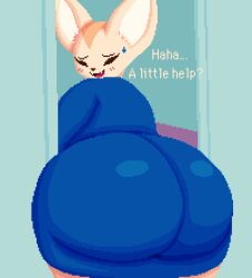  aggretsuko anthro ass big_butt blush canid canine clothed clothing digital_media_(artwork) english_text enkah female fennec_fox fenneko fox fur hi_res huge_butt mammal sanrio solo stuck text true_fox 