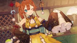  ;) atelier_(series) atelier_sophie_2 bare_shoulders blue_eyes bowl breasts brown_sleeves cleavage cleavage_cutout closed_mouth clothing_cutout cowboy_shot cupboard dalachi_(headdress) detached_sleeves dress female frilled_dress frills gold_trim hand_on_own_hip hand_up highres indoors long_hair long_sleeves looking_at_viewer mushroom neck_ribbon noco_(adamas) official_art one_eye_closed orange_hair pirka_(atelier) pom_pom_(clothes) print_dress ribbon sash side_ponytail sleeveless sleeveless_dress sleeves_past_fingers sleeves_past_wrists smile solo standing wide_sleeves yellow_dress 