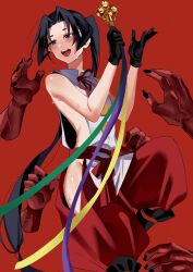  arms_up baggy_clothes bare_shoulders black_footwear black_gloves black_hair blush boots brown_eyes clothing_cutout collared_shirt demon disembodied_hand feet_out_of_frame gloves hair_intakes highres houjou_tokiyuki_(nige_jouzu_no_wakagimi) knee_up long_hair looking_to_the_side neck_ribbon nige_jouzu_no_wakagimi open_mouth pants ponytail red_background red_pants red_ribbon red_theme ribbon shiny_skin shirt side_cutout sidelocks_tied_back sleeveless sleeveless_shirt standing standing_on_one_leg sushisalmon95 sweat sweatdrop teeth thigh_cutout tongue upper_teeth_only white_shirt 