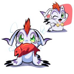  1:1 bandai_namco bra clothing cute_fangs digimon digimon_(species) feral fish fish_in_mouth fur gomamon green_eyes hair heart_symbol hi_res male marine oh_sorry_02 one_eye_closed red_hair seashell_bra smile solo underwear white_body white_fur wink 