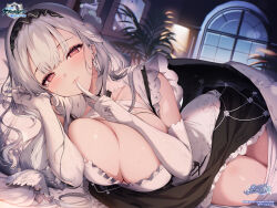  azur_lane blush breasts breasts_squeezed_together cleavage closed_mouth copyright_name copyright_notice female gloves hair_between_eyes hair_ornament highres index_finger_raised kat_(bu-kunn) large_breasts logo long_hair looking_at_viewer lying maid maid_headdress non-web_source official_art on_bed on_side pantyhose red_eyes scylla_(azur_lane) skirt smile star_(symbol) symbol-shaped_pupils thighs white_gloves white_hair 