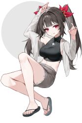  absurdres arm_up bare_legs black_hair black_shirt breasts crop_top facial_mark feet female flip-flops grey_skirt grin hair_intakes hand_up highres honkai:_star_rail honkai_(series) large_breasts legs long_hair looking_at_viewer mark_under_both_eyes midriff miniskirt navel off_shoulder open_clothes pink_eyes sandals shirt single_bare_shoulder skirt sleeveless sleeveless_shirt smile solo sparkle_(honkai:_star_rail) stomach sugar_(dndi888) thighs toenails toes very_long_hair white_background 