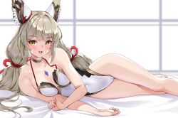  :d animal_ears bare_arms bare_legs bare_shoulders bed_sheet black_one-piece_swimsuit blunt_bangs blush breasts casual_one-piece_swimsuit cat_ears cat_girl chest_jewel choker collarbone commentary commission core_crystal_(xenoblade) covered_navel crossed_legs ear_covers facial_mark female gold_choker gold_trim grey_hair hair_spread_out happy highres long_hair looking_at_viewer low_twintails lying matrix16 medium_breasts neck_ribbon nia_(blade)_(xenoblade) nia_(xenoblade) oerba_yun_fang on_bed on_side one-piece_swimsuit open_mouth red_ribbon ribbon rope sheet_grab shimenawa sidelocks skin_fang smile solo swimsuit thighs tongue twintails two-tone_one-piece_swimsuit two-tone_swimsuit very_long_hair white_one-piece_swimsuit xenoblade_chronicles_(series) xenoblade_chronicles_2 yellow_eyes 