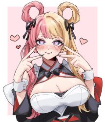  black_bow black_bowtie black_kimono black_nails black_ribbon blonde_hair blue_eyes blush border bow bowtie breasts cleavage closed_mouth double_v female hair_ribbon hair_rings heart heart-shaped_pupils highres japanese_clothes kimono kotoka_torahime kotoka_torahime_(2nd_costume) large_breasts leotard long_hair looking_at_viewer mitsu6 multicolored_hair nijisanji nijisanji_en official_alternate_costume official_alternate_hairstyle pink_background pink_hair pink_nails ribbon smile solo split-color_hair symbol-shaped_pupils traditional_bowtie twintails upper_body v virtual_youtuber white_border white_leotard white_wrist_cuffs wrist_cuffs 