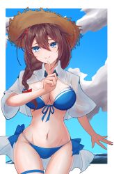  akatsuki_hikaru bikini black_ribbon blue_bikini blue_eyes blue_sky braid breasts brown_eyes brown_hat cloud female front-tie_bikini_top front-tie_top hair_between_eyes hair_flaps hair_over_shoulder hat highres kantai_collection large_breasts long_hair neck_ribbon official_alternate_costume open_clothes open_shirt ribbon shigure_(kancolle) shigure_kai_san_(kancolle) shigure_kai_san_(swimsuit)_(kancolle) shirt side-tie_bikini_bottom single_braid sky solo straw_hat swimsuit thigh_gap white_shirt 