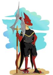  absurd_res alpha_channel anthro cape claws clothing dragon female hi_res melee_weapon mythological_creature mythological_scalie mythology polearm red_body scales scalie solo spear tail weapon youmadsin 