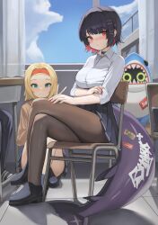  2girls absurdres bangboo_(zenless_zone_zero) black_choker black_hair black_skirt blonde_hair blue_sky breasts brown_pantyhose chair character_request choker classroom cloud collared_shirt colored_inner_hair commentary crossed_legs dolri ellen_joe fins fish_tail hair_ornament highres indoors large_breasts looking_at_viewer multicolored_hair multiple_girls on_chair pantyhose pleated_skirt red_eyes red_hair school_uniform shark_girl shark_tail sharkboo_(zenless_zone_zero) shirt short_hair sitting skirt sky smile tail two-tone_hair v white_shirt x_hair_ornament zenless_zone_zero 