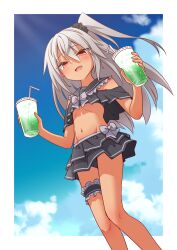  bikini bridal_garter drink drinking_straw elena_trafalgar female gothic_lolita highres holding ikune_juugo lolita_fashion long_hair looking_at_viewer one_side_up original outdoors red_eyes sky stomach swimsuit tan 