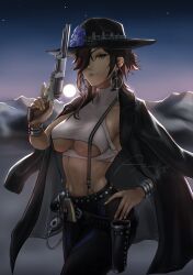  absurdres amsu111apd artist_name black_hair black_pants breasts colt_walker colt_walker_(girls&#039;_frontline) commentary_request cowboy_hat cowboy_shot earrings english_commentary female girls&#039;_frontline green_eyes gun hair_over_one_eye hat highres holding holding_gun holding_weapon jewelry large_breasts light_smile long_hair looking_at_viewer mixed-language_commentary outdoors pants revolver solo underboob weapon yellow_nails 