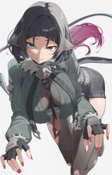  absurdres animal_ears black_gloves black_shorts black_thighhighs blunt_bangs breasts duplicate female fingerless_gloves fingernails full_body fur-trimmed_jacket fur_trim gloves green_hair green_jacket high-waist_shorts highres jacket jane_doe_(zenless_zone_zero) large_breasts long_hair looking_at_viewer mouse_ears mouse_girl mouse_tail multicolored_hair pantyhose parted_lips pixel-perfect_duplicate red_hair reulem shorts simple_background single_leg_pantyhose single_thighhigh smile tail thighhighs thighs torn_clothes torn_pantyhose torn_thighhighs two-tone_hair variant_set zenless_zone_zero 