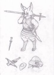  anthro armor bec_de_corbin breastplate canid canine crossbow dagger fennec_fox fox fur fur_markings headgear helmet hi_res male mammal markings medieval medieval_armor melee_weapon messer_(sword) model_sheet polearm ranged_weapon shield solo sword sword_sheath true_fox vulnec weapon 