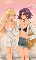  2girls bag bare_shoulders bikini bikini_top_only black_bikini blonde_hair blue_nails breasts cleavage clorinde_(genshin_impact) closed_eyes cowboy_shot denim denim_shorts dress earrings english_commentary english_text food genshin_impact hair_behind_ear halterneck handbag highres holding holding_ice_cream_cone ice_cream ice_cream_cone jewelry large_breasts long_hair multiple_girls navel navia_(genshin_impact) necklace off_shoulder open_clothes open_shirt parted_lips pink_background purple_eyes purple_hair purple_nails seijousai shell shell_necklace shirt shorts spaghetti_strap standing swimsuit tan white_dress white_shirt yuri 