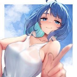  absurdres ahoge bare_arms blue_eyes blue_hair blurry blush border breasts closed_mouth collarbone colored_inner_hair commentary_request depth_of_field female green_hair highres index_finger_raised large_breasts looking_at_viewer make_heroine_ga_oo_sugiru! medium_hair multicolored_hair solo sweat tank_top tatapopo upper_body white_border white_tank_top yanami_anna 