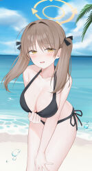  absurdres beach bikini bikini_top_pull black_bikini black_bow blue_archive blush bow breasts brown_hair cleavage collarbone commentary convenient_arm eyelashes eyes_visible_through_hair feet_out_of_frame female hair_between_eyes hair_intakes hairbow halo halterneck hand_on_own_knee highres large_breasts leaning_forward long_hair looking_at_viewer moe_(blue_archive) moe_(swimsuit)_(blue_archive) ocean open_mouth presenting_breasts pulling_own_clothes raised_eyebrows shy side-tie_bikini_bottom smile solo standing swimsuit thighs tsurime twintails water_drop wet wet_hair yagen_(user_mxur3238) yellow_eyes yellow_halo 