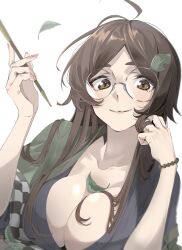  absurdres breasts checkered_clothes checkered_scarf cleavage futatsuiwa_mamizou glasses highres holding holding_smoking_pipe kiseru large_breasts leaf leaf_on_head lips pince-nez scarf shot_(shot0598) smile smoking_pipe touhou 