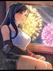  aerial_fireworks bare_legs bare_shoulders black_hair black_skirt black_sleeves breasts commentary_request crop_top detached_sleeves elbow_pads feet_out_of_frame female ferris_wheel_interior final_fantasy final_fantasy_vii fingerless_gloves fireworks gloves gondola highres indoors large_breasts long_hair midriff_peek miniskirt night night_sky parted_lips red_eyes red_gloves single_elbow_pad single_sidelock sitting skirt sky solo solua_mnju suspender_skirt suspenders swept_bangs tank_top tifa_lockhart white_tank_top window 