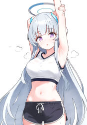  :o absurdres alternate_costume armpits arms_up black_shorts blue_archive blush breasts commentary commission dolphin_shorts female grey_hair grey_halo hair_ornament halo highres korean_commentary large_breasts long_hair looking_at_viewer midriff navel noa_(blue_archive) parted_lips puff_of_air purple_eyes saho_4545 short_shorts shorts sidelocks simple_background solo sports_bra straight_hair stretching sweat very_long_hair white_background white_sports_bra 