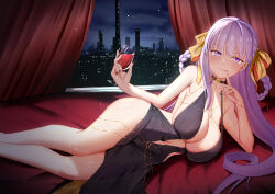  absurdres alcohol bare_shoulders bb_(fate) bb_dubai_(fate) belly_chain black_dress blush braid braided_hair_rings breasts center_opening cleavage cup dress drinking_glass fate/grand_order fate_(series) female hair_ribbon highres jewelry large_breasts long_hair looking_at_viewer lying mailixiang necklace on_side purple_eyes purple_hair ribbon side_slit smile solo thighs twin_braids very_long_hair wine wine_glass yellow_ribbon 