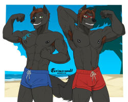  5:4 anthro areola armpit_hair beach biped black_body black_fur blue_bottomwear blue_clothing body_hair bottomwear brother_(lore) brothers_(lore) brown_hair canid canine canis clothed clothing duo eyebrows eyewear flexing fur glasses green_eyes grimsvault hair male mammal max_(yamatoiouko) muscular muscular_anthro muscular_male nipple_piercing nipples piercing red_bottomwear red_clothing ryu_(yamatoiouko) sibling_(lore) smile tail topless topless_anthro topless_male twins_(lore) wolf 