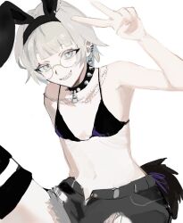  animal_ears bikini black_bikini black_choker breasts choker commentary_request e9_(reve0126) ear_piercing earrings fake_animal_ears female glasses grey_eyes grey_hair hand_up jewelry looking_at_viewer original piercing short_hair simple_background small_breasts solo spiked_choker spikes stomach striped_clothes striped_thighhighs swimsuit thighhighs v white_background 