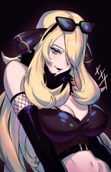  absurdres bare_shoulders black_background black_lips black_sleeves black_tube_top blonde_hair breasts cleavage cynthia_(pokemon) detached_sleeves eyewear_on_head female hair_over_one_eye highres large_breasts long_hair navel pokemon pokemon_dppt ryairyai simple_background smile solo strapless sunglasses tube_top 