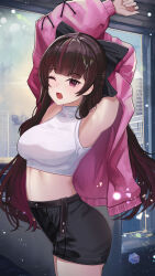  absurdres armpits black_shorts breasts brown_hair female gmg highres indoors jacket jururu large_breasts midriff pink_jacket purple_eyes shorts solo stretching virtual_youtuber waktaverse yawning 