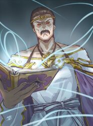  1boy alternate_costume aura book brown_hair commentary_request cosplay crossdressing dark_aura facial_hair fire_emblem fire_emblem:_mystery_of_the_emblem fire_emblem:_new_mystery_of_the_emblem fire_emblem_heroes hardin_(dark_emperor)_(fire_emblem) hardin_(fire_emblem) holding holding_book jandara_rin julia_(fire_emblem) julia_(fire_emblem)_(cosplay) looking_at_viewer male_focus moustache red_eyes solo 