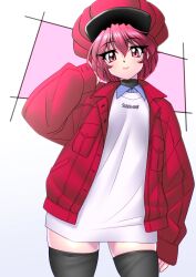  black_thighhighs casual female hat jacket looking_at_viewer magic_knight_rayearth oversized_hat red_eyes red_hair red_hat red_jacket sakura_ryuuken shidou_hikaru smile solo thighhighs 