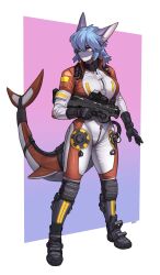  absurd_res anthro blue_hair bodysuit breasts clothing female fish gun hair hi_res holding_gun holding_object holding_ranged_weapon holding_weapon marine non-mammal_breasts orange_eyes pgm300 ranged_weapon sabrina_walker_(spyglass8) shark shark_tail skinsuit solo tight_clothing weapon 