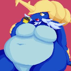  1:1 anthro ass belly big_belly big_breasts big_butt blue_body breasts digital_media_(artwork) eating enkah facial_hair female generation_5_pokemon marine nintendo nude obese obese_anthro obese_female overweight overweight_anthro overweight_female pixel_(artwork) pokemon pokemon_(species) samurott simple_background solo tail wide_hips yellow_eyes 