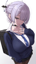  bag black_bag black_choker black_skirt blue_necktie blue_sweater_vest breasts brown_pantyhose choker collarbone collared_shirt commentary_request female grey_hair grey_halo hair_ornament hair_over_one_eye hair_stick halo hickey highres itokonoue_kaoru jfjf large_breasts long_sleeves looking_at_viewer necktie pantyhose pleated_skirt project_kv school_bag school_uniform shirt skirt solo standing sweater_vest white_shirt 