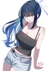  absurdres black_camisole blue_archive blue_eyes blue_hair blue_halo breasts camisole collarbone colored_inner_hair cross_halo denim denim_shorts female halo highres kikai260 multicolored_hair official_alternate_costume saori_(blue_archive) saori_(swimsuit)_(blue_archive) shorts simple_background solo white_background 