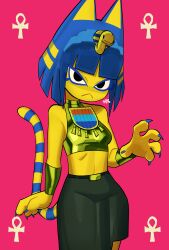  &gt;:&lt; 2024 5_fingers :&lt; absurd_res amiokay animal_crossing ankh ankha_(animal_crossing) anthro armor bangs belt blue_claws blue_ears blue_finger_claws blue_hair bob_cut bottomwear breasts bright_colors claws clothed clothed_anthro clothed_female clothing digital_drawing_(artwork) digital_media_(artwork) domestic_cat felid feline felis female female_anthro finger_claws fingers front_view fur gold_(metal) gold_armlet hair hi_res looking_at_viewer mammal markings midriff mouth_closed narrowed_eyes nintendo noseless pink_background portrait simple_background small_breasts striped_markings striped_tail stripes tail tail_markings three-quarter_portrait uraeus vambrace yellow_body yellow_face yellow_fur yellow_inner_ear 