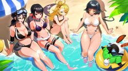  4girls animal_ears barefoot beach bikini black_bikini black_hair blonde_hair breasts brown_eyes choker cleavage closed_mouth collarbone ellen_joe eous_(zenless_zone_zero) fingernails fins fish_tail furrowed_brow grace_howard green_eyes green_hair jane_doe_(zenless_zone_zero) korean_commentary large_breasts long_hair looking_at_another mouse_ears mouse_girl mouse_tail multicolored_hair multiple_girls navel open_mouth outdoors parted_lips piper_wheel red_eyes red_hair sand shadow shark_girl shark_tail sitting smile swimsuit tail thighs toes two-tone_hair water white_bikini y_frt zenless_zone_zero 