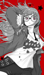  :&lt; absurdres ahoge arm_behind_head arm_up behind-the-head_headphones birkai blush bra_strap breasts cleavage closed_mouth cowboy_shot female fur-trimmed_jacket fur_trim glasses headphones highres jacket limited_palette long_hair long_sleeves looking_at_viewer medium_breasts off_shoulder open_clothes open_jacket persona persona_5 purple_eyes red_background sakura_futaba shirt short_shorts shorts simple_background single_bare_shoulder solo star_(symbol) very_long_hair 