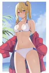  bikini blonde_hair blue_eyes blue_sky blush border breasts cloud commentary_request cowboy_shot facing_viewer female hayasaka_ai highres jacket jacket_partially_removed kaguya-sama_wa_kokurasetai_~tensai-tachi_no_renai_zunousen~ long_sleeves looking_ahead medium_breasts medium_hair ocean outdoors outside_border palm_tree red_jacket side_ponytail sky solo standing swimsuit tree wabimochi white_bikini white_border 