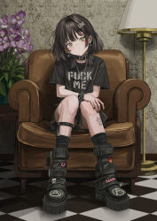  absurdres black_footwear black_hair black_nails black_skirt blush boots bracelet checkered_floor closed_mouth clothes_writing collar couch cross cross_necklace earrings female flower fuck-me_shirt gishiki_(gshk) hair_ornament hairclip head_tilt hexagram highres indoors jewelry lamp looking_at_viewer meme_attire miniskirt nail_polish necklace on_couch original purple_flower shirt short_hair_with_long_locks short_sleeves skirt socks spiked_bracelet spikes star_(symbol) star_of_david t-shirt tattoo vase yellow_eyes 